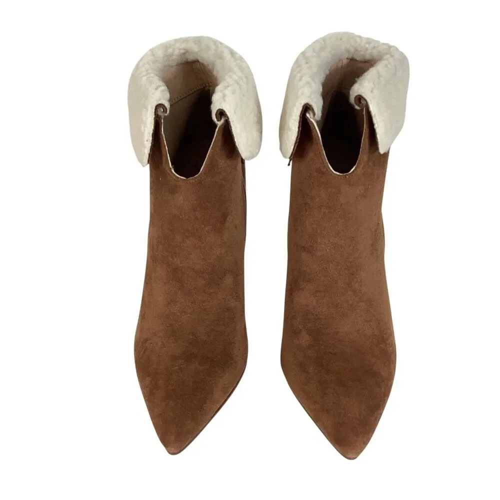 Yoki Shona Womens Brown Faux Suede Sherpa Trim Block Heel Ankle Boots Size 8